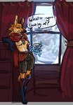 5_fingers anthro biped bottomwear breasts canid canine cassandra_de_luca clothed clothing curtains english_text female fingers fur holding_object inner_ear_fluff jam_(artist) mammal maned_wolf plant shorts snow solo speech_bubble text tree tuft window