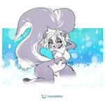 1:1 2024 anthro big_tail breasts claws colored digital_drawing_(artwork) digital_media_(artwork) ears_up english_text female fluffy fluffy_tail genitals grey_nose hair hand_on_head hi_res icon kiaun kneeling kneeling_position nude nude_anthro pawpads paws pussy red_eyes shaded signature simple_background solo symbol tail text tongue url white_background white_hair