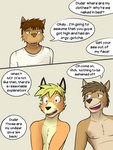 anthro bear blonde_hair brown_body brown_eyes brown_fur brown_hair brown_nose canid canine casey_ramser clothed clothing comic countershading deer dialogue digital_media_(artwork) english_text fox fur fuze greg_(texnatsu) group hair hi_res male mammal nipples nude open_mouth orange_body orange_fur rick_(texnatsu) shirt speech_bubble t-shirt tan_body tan_countershading tan_fur tan_nipples teeth texnatsu text tongue topwear