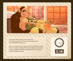 2024 absurd_res animal_crossing anthro ape bathroom bovid bovine brown_body cattle detailed_background dialogue duo english_text gorilla haplorhine haxsmack hi_res louie_(animal_crossing) lying male male/male mammal moobs nintendo nipples primate sitting spank_marks text vic_(animal_crossing)