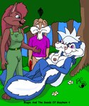 anthro aroma_skunk blue_body blue_fur bottomless breasts butt clothed clothed/nude clothed_female clothing domestic_cat felid feline felis female forest fragrance_skunk fur green_clothing group hug kthanid_(artist) lagomorph leporid male mammal mephitid nipples nude overalls plant purple_eyes rabbit randy_rabbit rutwell_forest serenakty shrub sibling_(lore) sister_(lore) sisters_(lore) skunk toony tree