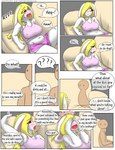 anthro bald blonde_hair bodily_fluids breasts clothing comic duo english_text female furniture hair hi_res human ilica lagomorph leporid male male/female mammal nipple_outline rabbit red_eyes sofa sweat text tosun