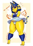 absurd_res animal_crossing ankha_(animal_crossing) anthro blue_clothing blue_dress blue_eyes blue_eyeshadow blue_hair blue_legwear blue_panties blue_underwear blush bottom_heavy breasts camel_toe clothed clothing crossed_arms dialogue digitigrade domestic_cat dress egyptian egyptian_clothing egyptian_headdress eyelashes eyeshadow felid feline felis female hair hi_res kilih188 legwear looking_at_viewer makeup mammal markings nintendo panties raised_clothing raised_dress short_hair simple_background skindentation small_breasts solo striped_markings striped_tail stripes tail tail_markings tan_background text thick_thighs underwear upskirt white_background wide_hips