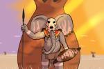 2018 anthro comic ear_piercing elephant elephantid male mammal melee_weapon midriff piercing polearm proboscidean ragdoll_(study_partners) shield slightly_chubby solo spear study_partners thunderouserections tribal tribal_clothing trunk tusks weapon