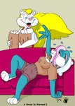 antennae_(anatomy) anthro binky_bunny_(rutwell) blonde_hair blue_body blue_eyes blue_fur bodily_fluids breasts cleavage clothed clothing fairy female fluffy fluffy_tail flying_sweatdrops fur furniture group hair kthanid_(artist) lagomorph leporid male mammal martin_mink mink mustelid musteline nipple_outline pillow pink_nose purple_eyes purple_hair rabbit rutwell_forest serena's_faerie_friend sofa story_at_source sweat sweatdrop tail trio true_musteline waving_hand white_body white_fur yellow_body yellow_fur yellow_tail