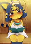 2023 animal_crossing ankha_(animal_crossing) anthro armor bangs blue_ears blue_hair blush bob_cut book clothed clothing dagasi digital_media_(artwork) domestic_cat dress english_text felid feline felis female front_view fur hair hi_res holding_book holding_object kemono looking_at_viewer mammal markings nintendo ring_(marking) ringed_tail sitting solo striped_markings striped_tail stripes tail tail_markings text time_stop uraeus vambrace yellow_body yellow_fur yellow_inner_ear