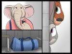 2018 4:3 anthro bag bench big_ears blue_eyes canid canine clothing comic conditional_dnp disney duffel_bag electronics elephant elephantid female fox francine_pennington fur green_body green_eyes grey_body grey_fur headphones hi_res judy_hopps lagomorph leporid locker locker_room male mammal nick_wilde orange_body orange_fur pink_inner_ear proboscidean purple_eyes rabbit red_fox tan_body tile tile_wall true_fox trunk tuftbox wall_(structure) zootopia