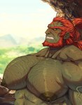 absurd_res big_pecs bodily_fluids body_hair cave chest_hair digital_media_(artwork) english_text ganondorf gerudo ghangaji green_body green_skin hair hi_res humanoid male mammal muscular muscular_male nintendo nipples not_furry pecs red_hair solo sweat tears_of_the_kingdom text the_legend_of_zelda vein veiny_muscles