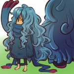 1:1 alternate_species barefoot blue_hair clothing cosplay duo feet female generation_4_pokemon hair hitec human humanized long_hair long_sleeves mammal messy_hair nintendo not_furry pokemon pokemon_(species) scarf sweater tangrowth topwear