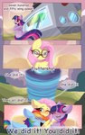 5:8 absurd_res blue_body blue_feathers blush comic dialogue english_text equid equine feathers female feral fluttershy_(mlp) friendship_is_magic hair hasbro hi_res horn keetch10 machine mammal my_little_pony mythological_creature mythological_equine mythology pegasus pink_hair rainbow_dash_(mlp) text twilight_sparkle_(mlp) unicorn wings yellow_body yellow_feathers