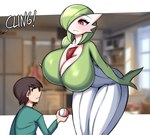 2023 big_breasts breasts clothed clothing duo english_text female gardevoir generation_3_pokemon green_body green_hair hair hi_res huge_breasts human humanoid larger_female male mammal nintendo not_furry pokeball pokemon pokemon_(species) saltyxodium size_difference smaller_human smaller_male text white_body