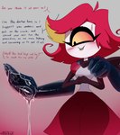 Rating: q
ID: 5636464
Date: 2025-06-11 22:36:10 -0400
Status: pending
Score: 21
1_eye bite biting_lip biting_own_lip blush bodily_fluids clothed clothing cyclops dialogue digital_media_(artwork) dress duo english_text female gloves hair handwear hazbin_hotel hi_res humanoid latex latex_clothing latex_gloves latex_handwear lube lube_string mammal niffty_(hazbin_hotel) not_furry postalk red_hair self_bite simple_background smile sweat sweatdrop teeth text post #5636464