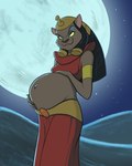 absurd_res anthro belly big_belly black_hair breasts clothed clothing convexpert cute_fangs digital_media_(artwork) disney disney's_aladdin domestic_cat felid feline felis female full_moon green_eyes hair hand_on_belly hand_on_own_belly headdress hi_res holding_belly long_hair looking_at_viewer mammal mirage_(disney) moon navel night outie_navel pregnant pregnant_anthro pregnant_female sand_dune side_view smile smiling_at_viewer smirk solo star uraeus