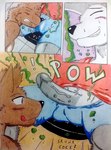 2016 anthro aroused barazoku black_nose black_penis blush blush_lines bodily_fluids brown_body brown_fur bulge bulge_sniffing canid canine canis clothing comic comic_panel dashthefox duo erection fur genitals grin gym gym_equipment hi_res licking licking_lips licking_own_lips male male/male mammal manly mephitid muscular musk musky_penis onomatopoeia penis punky_skunk purple_eyes red_clothing red_shirt red_tank_top red_topwear shirt skunk smelly smile sniffing sound_effects sweat sweatdrop tank_top text tongue tongue_out topwear traditional_media_(artwork) vein veiny_penis wolf