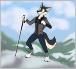 absurd_res anthro backpack border bottomwear canid canine canis clothing colored day denim denim_bottomwear denim_clothing grey_border happy hi_res hiker hiking jacket jeans landscape male mammal mountain pants rrezelicht sky snow solo topwear trekking_pole wolf