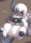 2017 absol absurd_res canid claw_toes digital_media_(artwork) electronics eyewear featureless_crotch female feral game_console generation_3_pokemon glasses hi_res lute_(zinfyu) lying mammal nintendo nintendo_switch on_back pokemon pokemon_(species) shaded solo spread_legs spreading zinfyu