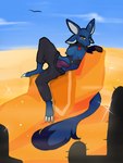 anthro bedsheetwalking blue_body brown_eyes cactus clothed clothing desert duo genitals gynomorph herm_(lore) hi_res intersex knot no_underwear nura_(pollard) outside penis plant purple_penis solo_focus sur'ri