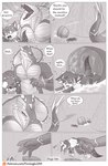 anthro bodily_fluids cauldron comic cum cum_all_over cum_drip dialogue dragon dripping english_text female fur genital_fluids greyscale group hi_res holding_character iradeon markings messy monochrome mythological_creature mythological_scalie mythology scalie senz speech_bubble tail text tribal tribal_markings url varkox_(senz)