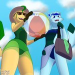 1:1 absurd_res anthro bag ball beach_ball big_breasts bikini blue_body blue_clothing blue_eyes blue_fur bottomwear breasts brown_eyes clothed clothing duo eeveelution eyewear female fur generation_4_pokemon glaceon green_body green_clothing green_fur hair hat headgear headwear hi_res inflatable leafeon lisa_devellis low-angle_view marissa_reinhart nintendo one-piece_swimsuit pattern_clothing pokemon pokemon_(species) scoutthecat02 skirt sky_background smile sun_hat sunglasses swimwear tan_body tan_fur thick_thighs towel towel_wrap two-piece_swimsuit under_boob upskirt