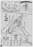 2013 3_toes ahastar ahastar_(artist) anthro between_feet bird's-eye_view bolt_(diablo_the_rex) collaboration comic dark_pawpads deinonychus diablo_the_rex dinosaur dragon dromaeosaurid duo english_text erection european_mythology extreme_size_difference falling feet feral gaping_mouth genitals greyscale hi_res high-angle_view larger_feral male male/male monochrome mythological_creature mythological_scalie mythology open_mouth pawpads penis prehistoric_species reptile scalie size_difference smaller_anthro speech_bubble text theropod toes western_dragon