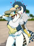 absurd_res american_kestrel anthro avian beach bird blue_eyes blush bottomless casual_exposure clothed clothing cuddling dress duo evy_(fish_birb) exhibitionism falcon falconid female female/female fish_birb genitals hat headgear headwear hi_res hug hugging_another hugging_from_behind katie_(fish_birb) kestrel outside peregrine_falcon pussy seaside shirt shirt_only sun_hat sundress t-shirt t-shirt_only topwear topwear_only