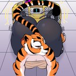 1:1 all_fours anthro bedroom_eyes big_butt boombox breasts butt butt_jiggle clothed clothing colored digital_media_(artwork) dreamworks felid female front_view fur gold_boombox_(prevence) hi_res huge_butt jiggling kung_fu_panda leggings legwear mammal markings master_tigress medium_breasts motion_lines narrowed_eyes nericurls on_ground pantherine seductive solo striped_markings striped_tail stripes tail tail_markings thick_thighs tiger twerking wide_hips wraps