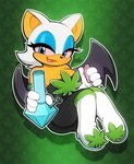 anthro bat bong boots clothing drugs female footwear hi_res holding_bong holding_lighter holding_object knee_boots knee_highs legwear lighter mammal marijuana moozua pattern_background pot_leaf rouge_the_bat sega shoes simple_background sitting solo sonic_the_hedgehog_(series) stoned substance_intoxication white_boots white_clothing white_footwear