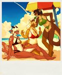 anthro beach beach_umbrella belly big_breasts breasts brown_body clothing dessert dragon ears_back female food group hi_res horn ice_cream mythological_creature mythological_scalie mythology nipple_outline non-mammal_breasts overweight parasol pinwired pivoted_ears red_body scalie swimwear tail yellow_body