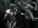 4:3 ajumia anthro armor duo female glistening glowing glowing_eyes imminent_rape lizard melee_weapon netherwulf netherwulf_(species) nude olonia reptile scalie sharp_teeth teeth unconvincing_armor weapon