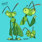 2024 3_fingers 3_toes alf_(greenlinzerd) antennae_(anatomy) anthro arthropod blue_background english_text feet fingers green_body green_eyes greenlinzerd insect male mantis sigh signature simple_background smile solo text tired_eyes toes