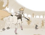 accessory action_pose arena blonde_hair blurred_background centaur clothed clothing cutesune equid equid_taur european_mythology feet female fight fingers fur furgonomics greek_mythology hair hi_res holding_melee_weapon holding_object holding_sword holding_weapon hooves human_torso humanoid humanoid_taur leg_warmers legwear mammal mammal_taur melee_weapon mythology outside pose prosthetic quadruped running seraphine_(cutesune) shirt split_form sword tail tail_accessory tailband taur tights topwear underhoof weapon white_body white_clothing white_fur white_shirt white_topwear