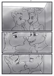 aariel_(wolfyalex96) anthro axel_(wolfyalex96) bathroom canid canine comic dialogue digital_media_(artwork) duo eye_contact eyes_closed french_kissing hi_res jewelry kissing looking_at_another looking_at_partner male male/male mammal medibang_paint_(artwork) necklace nipples open_mouth public_restroom restroom_stall shirtless shirtless_male smile spanish_text teeth text tongue tongue_out translated wolfyalex96