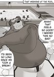 2021 absurd_res alfredblaze anthro bear belly clothing comic dialogue english_text eyes_closed group hi_res male mammal outside overweight overweight_male roy_blake short-faced_bear spectacled_bear swimwear text water