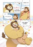 anthro bottomless brown_hair clothed clothing comic dialogue duo english_text featureless_crotch felid hair hat headgear headwear heart_symbol hi_res hug lion male mammal necktie pantherine speech_bubble takataka text