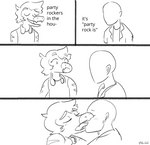 anon_(snoot_game) anthro bald base_three_layout blockage_(layout) blush cavemanon_studios clothed clothing comic dialogue dinosaur dromaeosaurid duo electronics english_text eyes_closed featureless_face four_frame_image french_kissing goodbye_volcano_high hair headphones headphones_around_neck horizontal_blockage human humor kissing male mammal meme monochrome party_rockers prehistoric_species raidak5 reed_(gvh) reptile scalie sketch snoot_game text theropod three_row_layout velociraptor