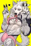 abs anthro blep canid canine canis clothing digital_drawing_(artwork) digital_media_(artwork) excaliburwolf eyebrows fangs fur hi_res male mammal shirt simple_background solo teeth tongue tongue_out topwear white_body wolf yellow_background