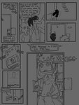 3:4 anthro black_hair clothed clothing comic dialogue digital_media_(artwork) door ear_piercing ear_ring english_text group hair hi_res kitiroshi long_hair machine male monochrome piercing ponytail profanity ring_piercing robot text trio