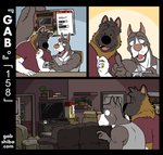 akita anthro black_dot_eyes bodily_fluids canid canine canis cellphone comic digit_ring domestic_dog duo electronics furniture gab_(comic) gabshiba gesture hand_gesture holding_cellphone holding_object holding_phone inside jewelry living_room looking_at_cellphone looking_at_object looking_at_phone male mammal married_couple online_shopping phone pit_bull pointing ring ruff_bull shopping spitz sweat sweatdrop voff_akita wedding_ring