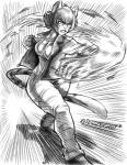 2018 action_pose anthro blaise_shirazi bottomwear breasts clothing felid female fight fire focus_lines fur hair hi_res jacket mammal monochrome open_mouth pantherine pants pltnm06ghost pose punch radial_speed_lines shirt short_hair sketch solo speed_lines stripes tiger topwear