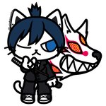 1:1 aki_hayakawa alternate_species ambiguous_gender anthro canid canine chainsaw_man chibi clothed clothing cyberneko devil_(chainsaw_man) domestic_cat ear_piercing felid feline felis footwear fox fox_devil_(chainsaw_man) furrification male mammal multi_eye one_eye_closed piercing sharp_teeth shoes simple_background superflat teeth white_background