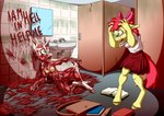 2023 absurd_res anthro apple_bloom_(mlp) bathroom blood bodily_fluids cenobite chain duo equid equine female flayed friendship_is_magic gore gore_focus halloween hasbro hellraiser hi_res holidays horse leather male mammal muscular my_little_pony pony skinless sweetie_belle_(mlp) terror torture zooshi