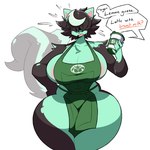 2023 absurd_res anthro areola areola_slip beverage big_breasts breasts cleavage clothed clothing coffee dialogue domestic_cat felid feline felis female fur green_body green_fur hi_res huge_breasts huge_thighs i_mean_breast_milk mammal meme nonarycubed obscured_eyes open_mouth sawyer_(end_of_et3rnity) simple_background solo speech_bubble standing tail text thick_thighs wide_hips