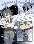 black_hair clothed clothing cold comic forest hair hi_res human human_only male mammal not_furry passing_out plant snow snowing solo tree yellow_eyes zneazel