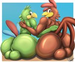 2024 absurd_res anthro avian backsack balls big_butt bird brick_break_after_dark butt chicken disney duo galliform gallus_(genus) genitals hi_res holding_another huge_butt jose_carioca looking_at_viewer looking_back looking_back_at_viewer male male/male open_mouth panchito_pistoles parrot phasianid rear_view sitting smile the_three_caballeros