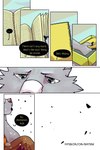 2:3 bandage bastriw black_speech_bubble canid canine canis clothing comic dialogue diary digitigrade english_text fur green_eyes grey_body grey_fur hi_res mammal nico_(bastriw) notebook shaded simple_background text url white_background wolf yellow_text