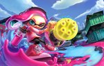 2018 animal_humanoid cephalopod cephalopod_humanoid clothing cloud day detailed_background electronics fangs female footwear green_eyes headphones heavy_splatling hi_res humanoid inkling marine marine_humanoid miitara mollusk mollusk_humanoid nintendo one_eye_closed open_mouth open_smile pseudo_hair ranged_weapon signature smile solo splatling splatoon teeth tentacle_hair tentacles weapon wink