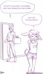 adolescent anthro aogami aria_(aogami) bottomwear briefcase chirmaya clothing daedalus_(aogami) dialogue door duo english_text father_(lore) female hair hi_res lagomorph leporid male mammal parent_(lore) rabbit shirt shorts text topwear young young_anthro