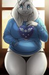 absurd_res anthro blue_eyes boss_monster_(undertale) bovid caprine clothed clothing female front_view fur goat hair hi_res hoodie horn mammal mature_female partially_clothed poptart_paints slightly_chubby slightly_chubby_anthro slightly_chubby_female solo thick_thighs thong topwear toriel undertale_(series) underwear white_body white_fur white_hair window