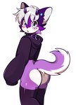 2024 2_horns ambiguous_gender anthro biped blue_eyes bobbipup bubble_butt butt curved_horn domestic_cat felid feline felis fur hi_res horn looking_at_viewer male_(lore) mammal purple_body purple_fur slim_anthro slim_male solo white_body white_fur