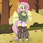 angel_(mlp) anthro autumn autumn_leaves blush bottomwear clothes_falling_off clothing coffee_cup container cup diaper embarrassed equid equine feathered_wings feathers female fluttershy_(mlp) friendship_is_magic hasbro hi_res leggings legwear mammal my_little_pony mythological_creature mythological_equine mythology nature nature_background pattern_diaper pegasus plant scheming shrub skirt solo standing stargal_galexi surprised_face sweater topwear tree wings